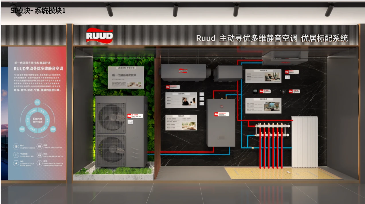 系统墙：室外机 + 红蓝管路 + 系统图板，把暖通系统拆成看得懂的一张图