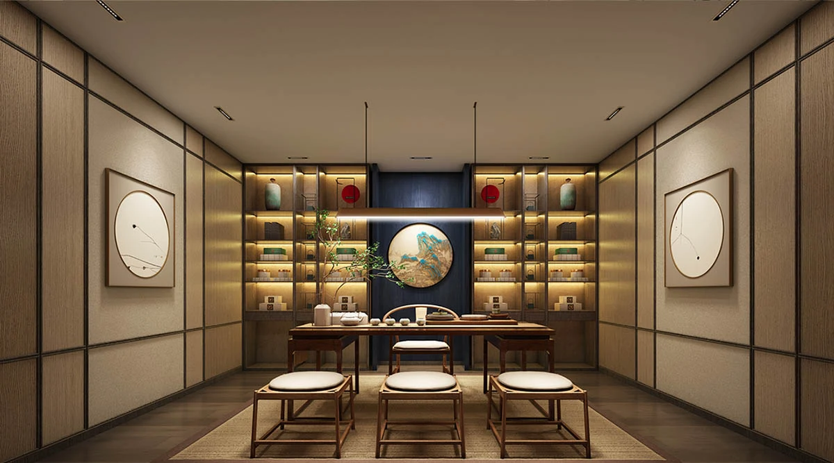 茶室与展示墙：木作工艺与东方美学的空间叙事