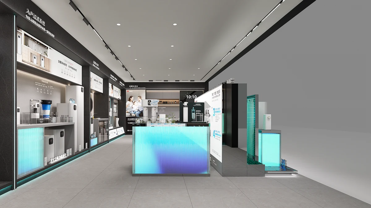 3M 全屋净水门店主展墙：产品线按用水逻辑集中呈现，构成新品上市的内容现场